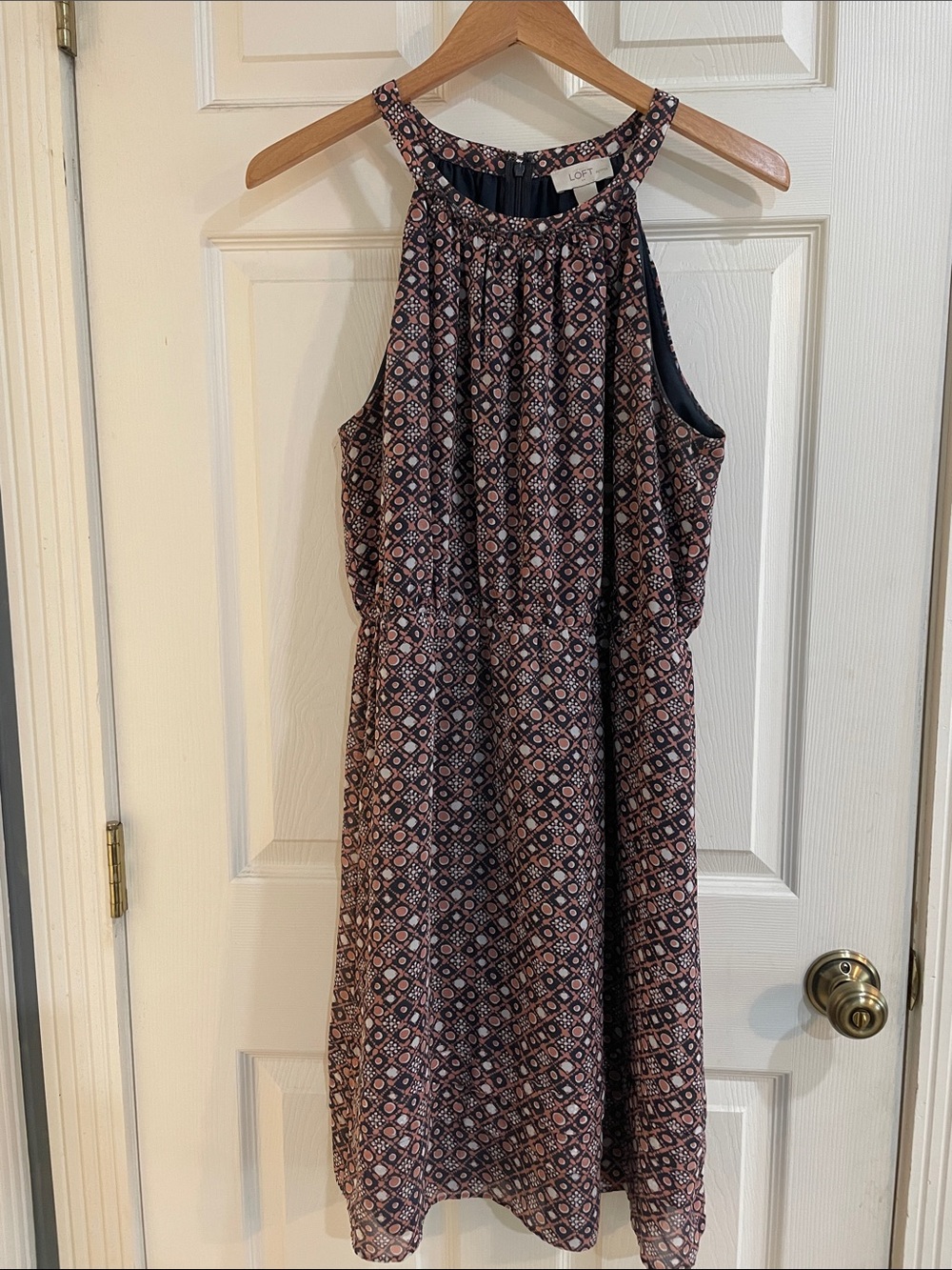 LOFT Geometric Halter Midi Dress in Pink and Navy Blue